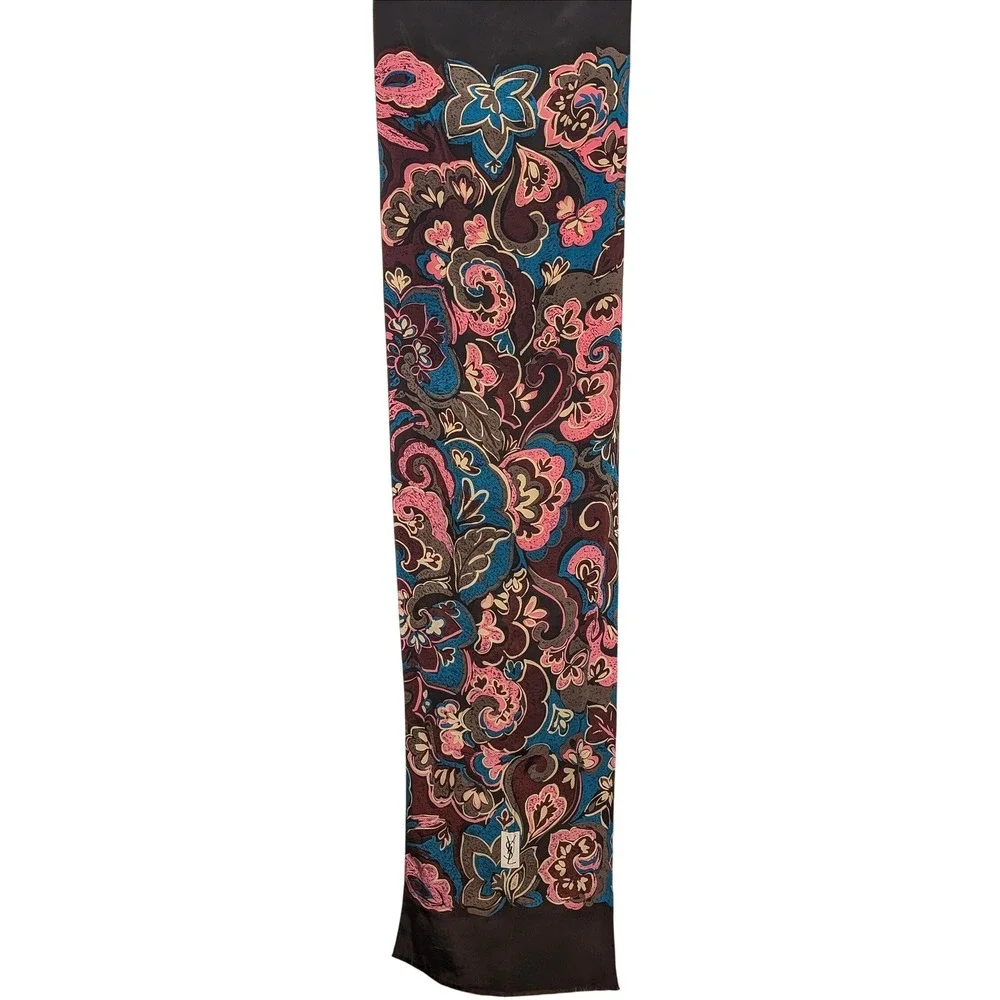 Yves Saint Laurent Vintage Long Silk Scarf Paisley Floral Brown Pink Rectangle